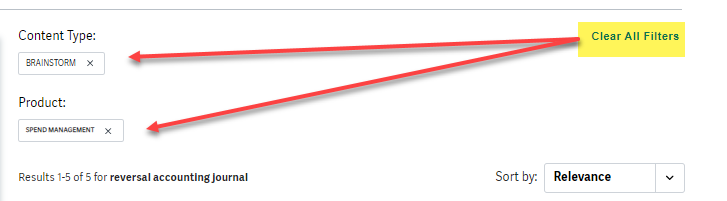 screenshot of clearing and using filters in global search 