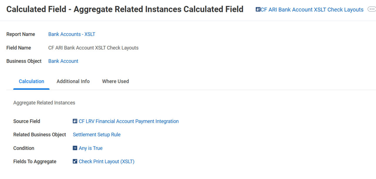 Screenshot of Calculated Field: CF ARI Bank Account XSLT Check Layouts 