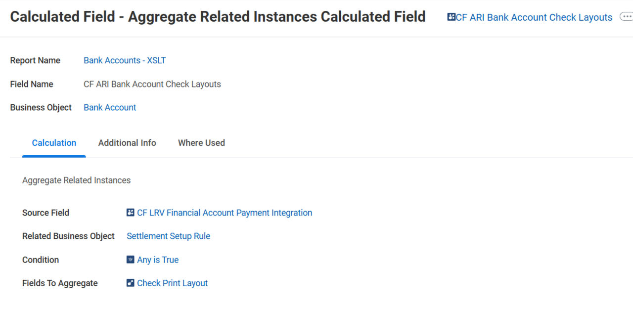 Screenshot of calculated field: CF ARI Bank Account Check Layouts