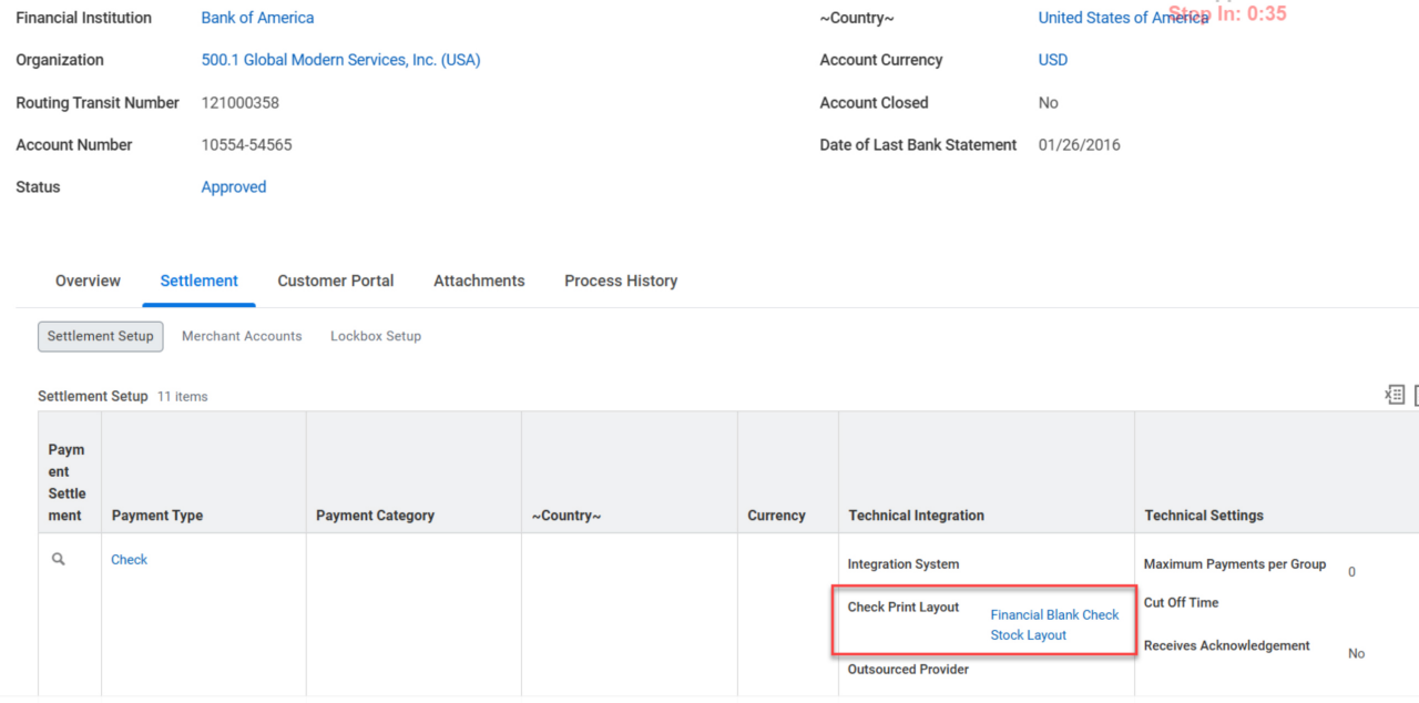 Screenshot of a Bank Account configured with a XSLT Check Print Layout in Settlement - Settlement Setup