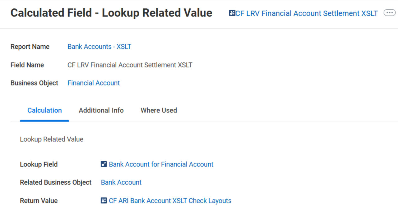 Screenshot of Calculated Field: CF LRV Financial Account Settlement XSLT