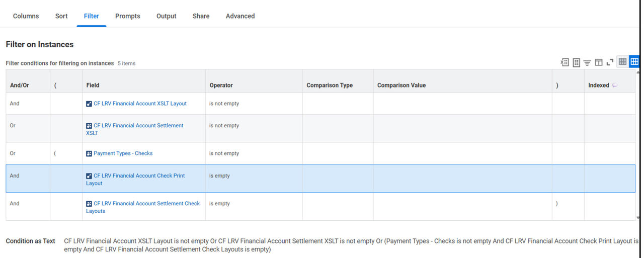 Screenshot of report filter criteria