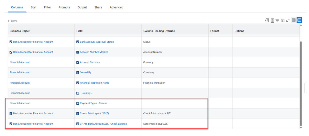 Screenshot of report filter criteria