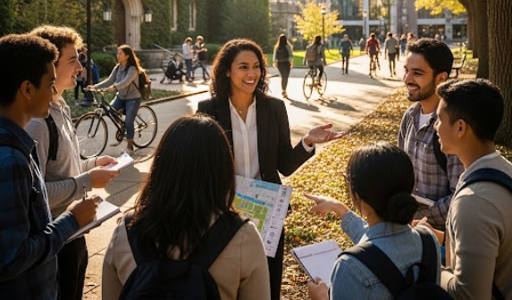 Smiling professor or campus tour guide conducting outdoor seminar or tour for diverse students on university campus quad during golden hour in autumn